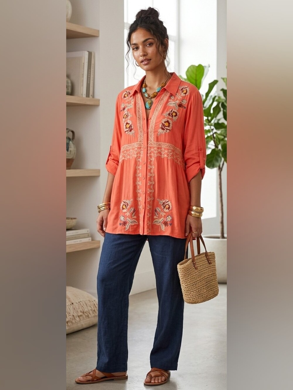 Johnny Was Coral Embroidered Longline Tunic Size L